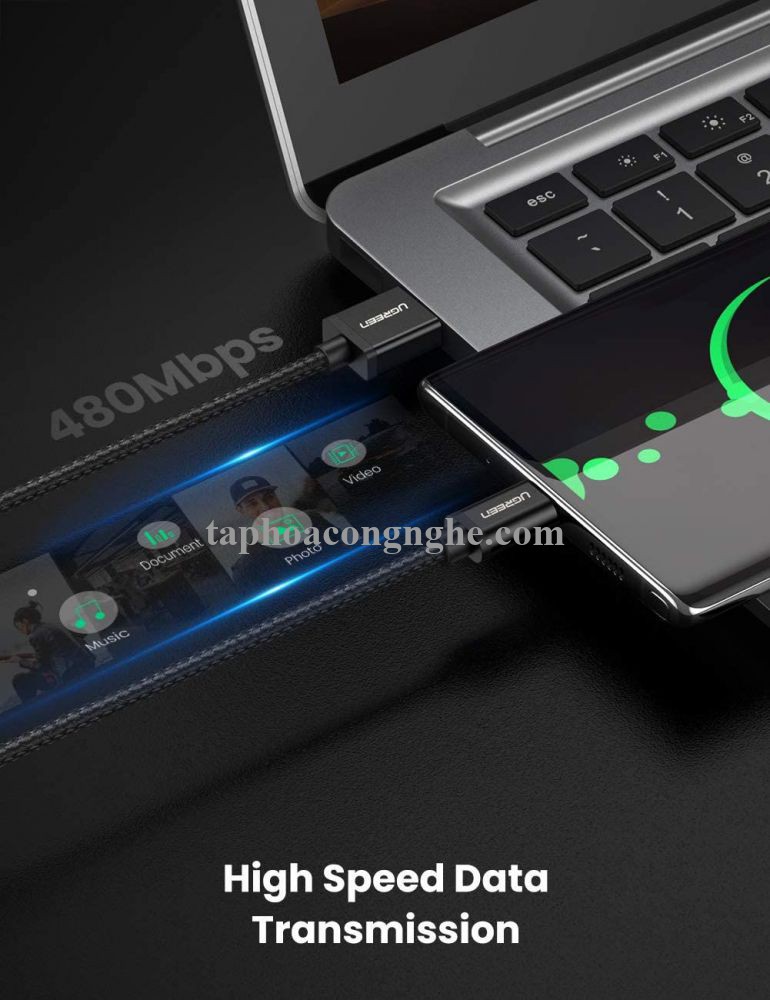 Ugreen 50878 3M màu đen bao có 2 sợi cáp USB TYPE C ra A hỗ trợ sạc nhanh mạ vàng 24K US174 30050878